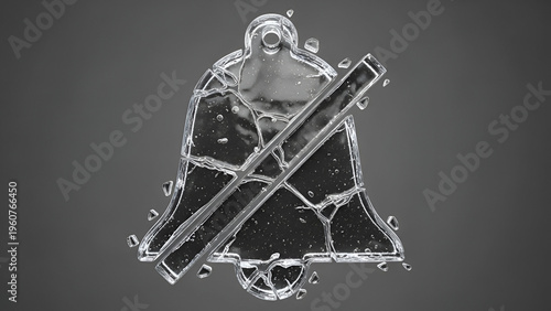 Glass bell icon shattered with line through broken notification mute symbol on gray