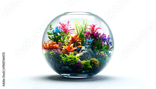 Glass terrarium with colorful plants and rocks decorative ornament on white backdrop