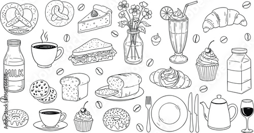 Cafe and bakery food set with coffee bread and sweets line art cad drawing flat vector illustration flavector for menu (20 words)