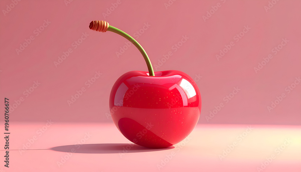 Obraz premium Glossy red cherry with stem on pink background a shiny fruit in studio style