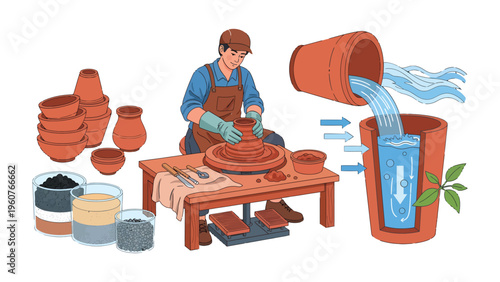 Crafting Ceramic Excellence: A potter meticulously molds wet clay on a spinning wheel. His workshop, alive with the art of creation, showcasing the artistry and skill of a craftsman.