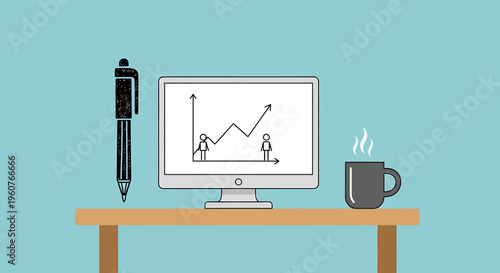 A computer monitor on a desk with a pen and coffee cup.
