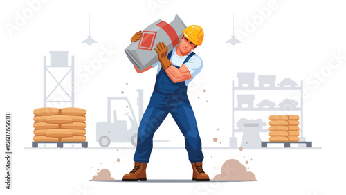 Concrete Worker at Warehouse: A dedicated construction worker skillfully carries a heavy cement bag within a bustling warehouse environment.