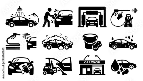 Car Wash Silhouette Icons Set – Vehicle Cleaning, Pressure Washing, Auto Detailing and Service Collection