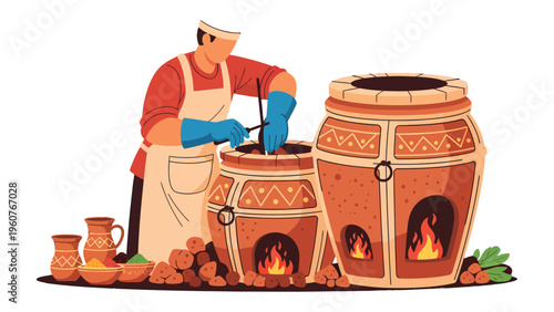 Culinary Craftsman: A skilled chef meticulously tends to a traditional tandoor oven. The fiery glow of the burning coals reflects in the craftsman's careful touch as he prepares a culinary delight.