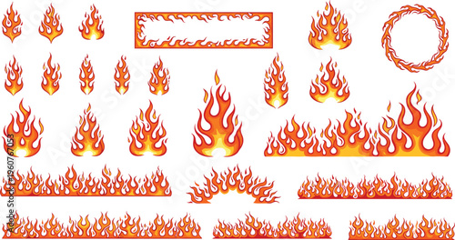 Fire, flame, burning, hot, blaze, vector, illustration, icons, border, frame, ring, heat, energy, sparks, campfire, ignite, inferno, glow, element, light