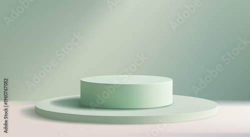 3D vector-style illustration of a modern podium stand in mint green  colors. A minimalist cylindrical stage with shadow patterns on a background. For product presentation, cosmetics, and advertising.