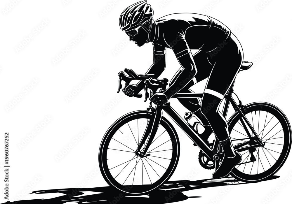 Obraz premium Black and white professional cyclist vector illustration, road bike racer in action, athletic bicycle rider training, sports competition silhouette, isolated.