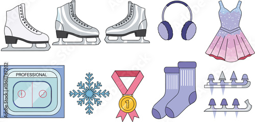 Figure skating and winter ice sports equipment icon set