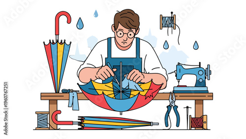 The Umbrella Maker: The craftsman with meticulous care, dedicated to repairing the damaged parts of umbrellas, showcasing his expertise with a traditional sewing machine and other tools of the trade.