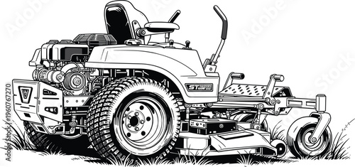 Black and white professional zero turn mower vector, industrial lawn maintenance equipment, heavy duty grass cutter illustration, commercial landscaping machinery art.