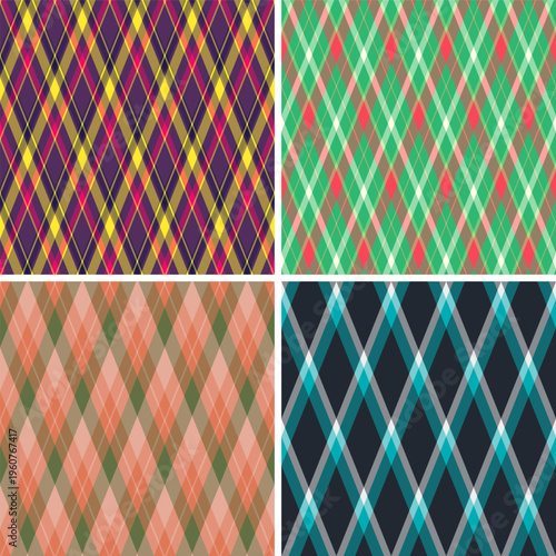 Argyle pack ideal for relaxed fashion pieces. Vector designs suit skirts, tunics, blouses, and casual layering.