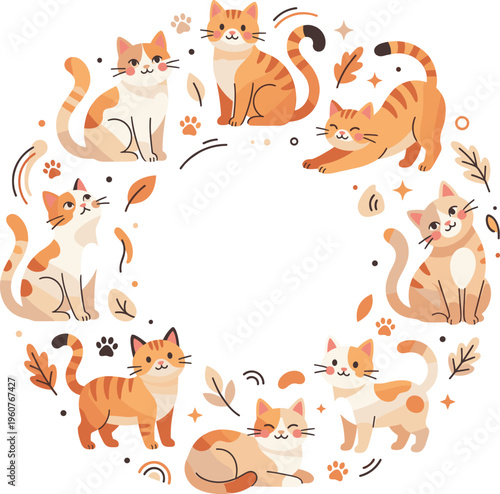 Circular flat vector frame featuring cute ginger and calico cat characters in various poses with autumn leaves for pet-themed designs and greeting cards.