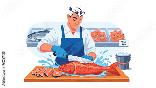 Masterful Seafood Preparation: A skilled fishmonger meticulously prepares fresh fish, showcasing expertise and artistry in the seafood industry.