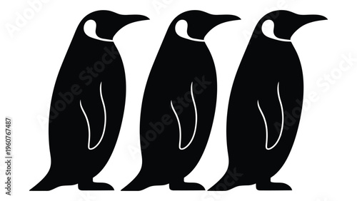 Three stylized penguins are depicted in a minimalist black and white silhouette