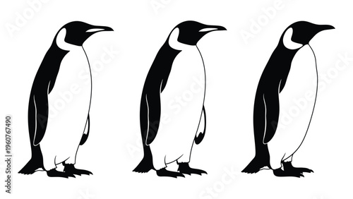 Three ad lie penguins depicted in a simple black and white line art style