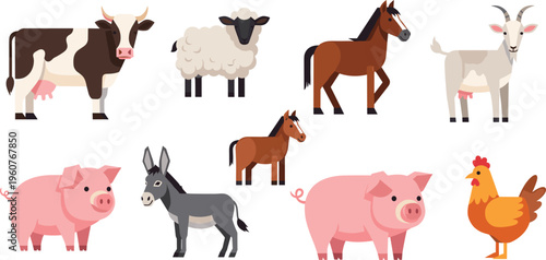 Farm Animals Vector Set Featuring Cow Sheep Horse Goat Pig Donkey Chicken and Foal Flat Cartoon Livestock Collection Illustration