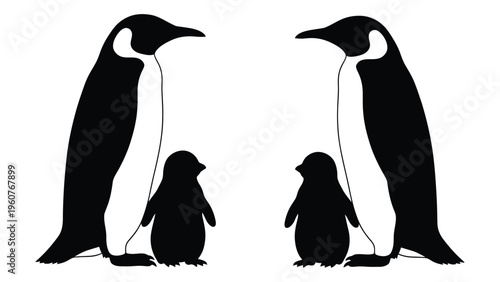 A minimalist illustration depicting two adult penguins and two chicks facing each other