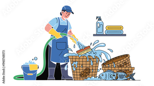 Woman Cleaning Basket: A woman meticulously cleans a woven basket with a hose and scrub brush, her actions revealing a focus on cleanliness and order.