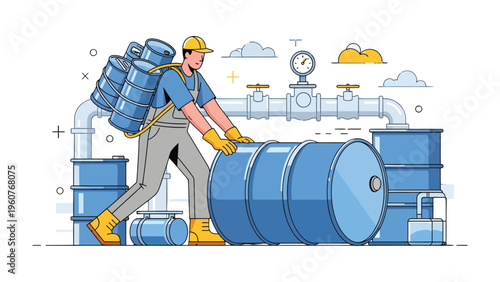 Workman and Chemical Barrels: A diligent worker wearing protective gear handles hazardous chemical barrels within an industrial setting, emphasizing safety and responsible handling.