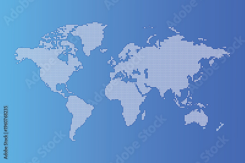 Digital world map composed of white halftone dots on a gradient blue background representing global connectivity and modern international business data communication networks