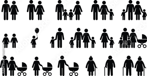 A set of black silhouette family icons in various designs and concepts, including parents, children, and strollers, for use in vector line art and graphic design.