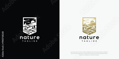 Nature Landscape Shield Logo Design with Hills Trees and Sun
