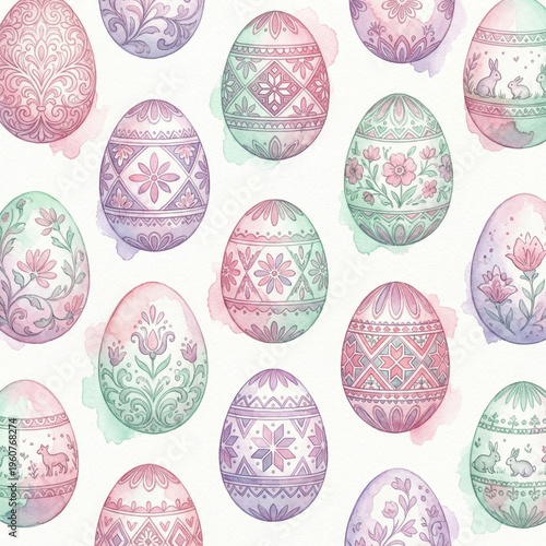 Watercolor Easter eggs seamless pattern with floral ornaments