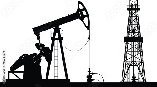 A set of line art designs featuring a vector silhouette of an oil pump and derrick, representing the concept of energy production and extraction.