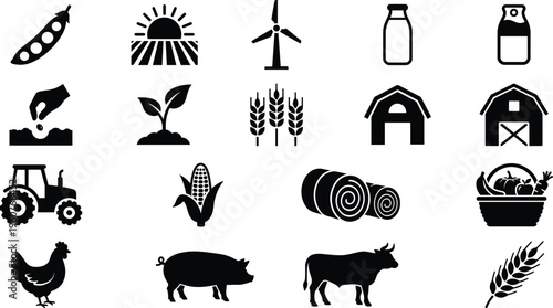 A set of line art vector silhouettes depicting a farm concept with various design elements