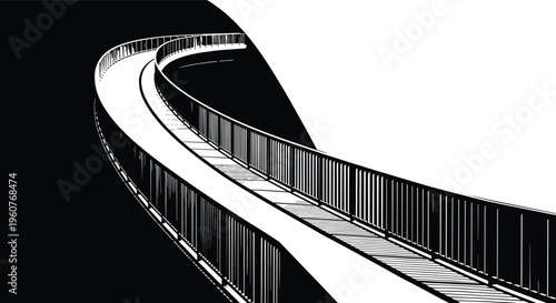 Modern architecture bridge silhouette vector illustration, minimalist curved walkway design, abstract urban structure art, black and white geometric perspective, isolated.