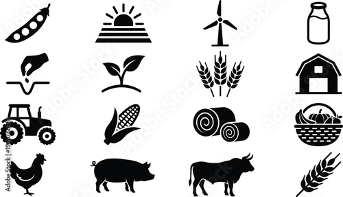 A set of line art vector silhouettes illustrating a farm concept with various design elements and icons.