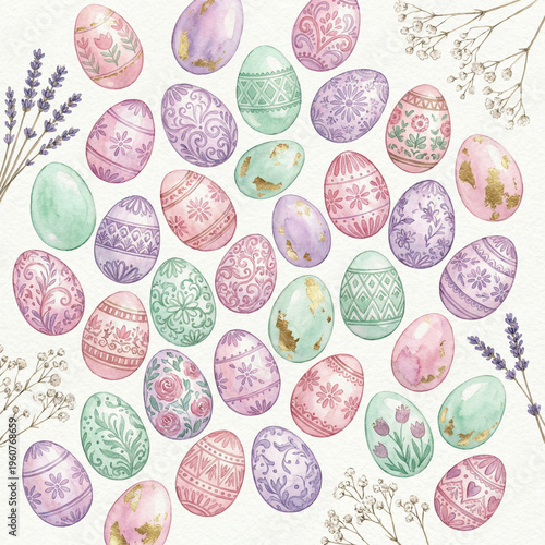 Watercolor Easter eggs seamless pattern with floral ornaments