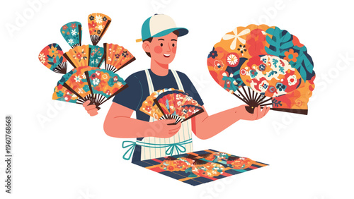 Artisan Displaying Hand Fans: A craftsman presents a vibrant collection of meticulously crafted hand fans, showcasing their artistic designs and traditional artistry.