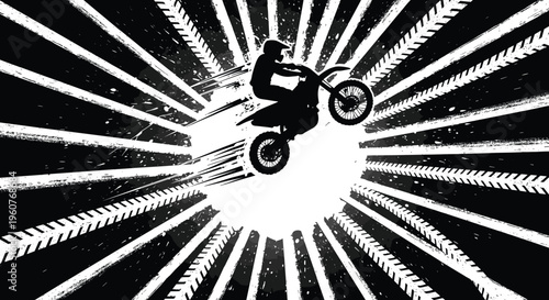 Motocross rider silhouette jumping with tire track background, dirt bike extreme sport action vector, black and white racing competition art.
