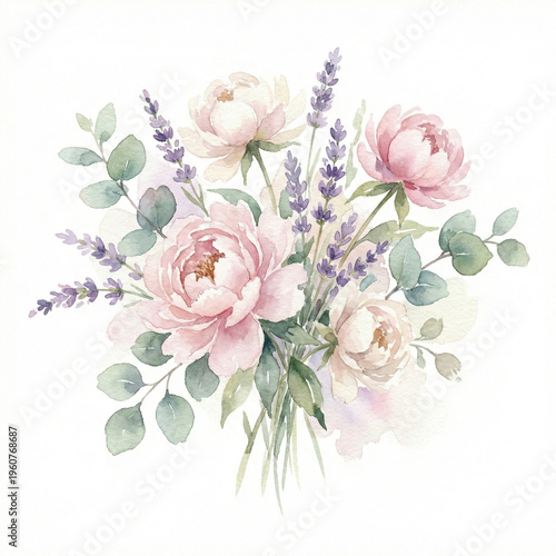 Delicate watercolor bouquet of pink peonies and lavender