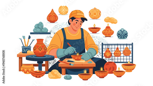 Crafting Ceramic artistry: A skilled craftsman meticulously works on pottery, shaping and refining his creation with focus and precision. Demonstrating the essence of fine craft and artistic skill.