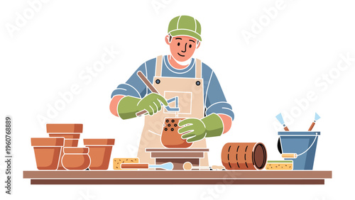 Craftsman at Work: A skilled artisan, enveloped in the serenity of their craft, meticulously molds a clay pot, transforming raw earth into an elegant vessel.