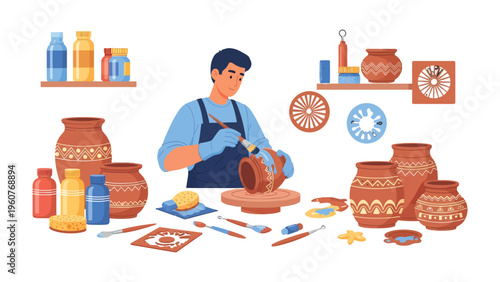 Potter at Work: A skilled artisan meticulously works on a clay vessel, immersed in the artistic process and passion for his craft.
