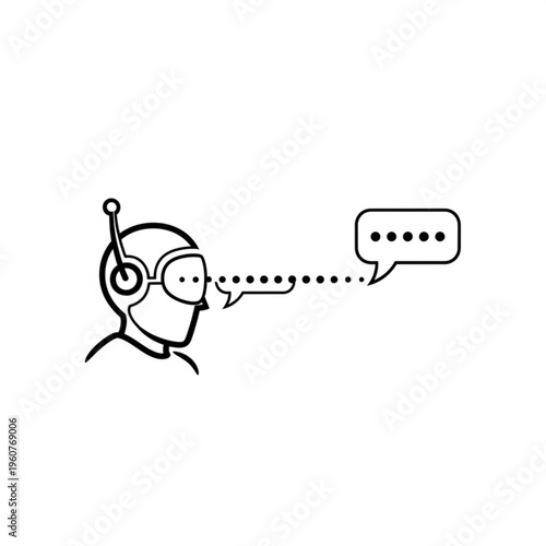 A minimalist line art illustration of a robot wearing a headset and speaking in a chat bubble