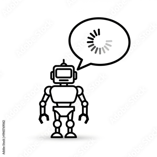 A minimalist robot icon with a speech bubble indicating loading or thinking, represented in a simple black and white line art style.