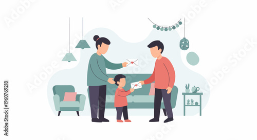 Family exchanging gifts in a warm and inviting home setting.