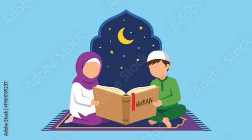 Two Muslim children, a boy and a girl, sitting on a prayer mat and reading the Quran under a crescent moon and starry night sky, symbolizing Islamic education and devotion.