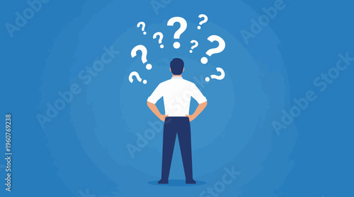 A man stands with question marks above his head, symbolizing confusion or decision-making.