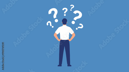 A person stands with their back to the viewer, surrounded by question marks, symbolizing confusion, uncertainty, or the search for answers.