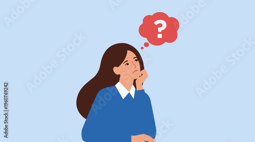 A thoughtful young woman with long brown hair pondering a question, depicted with a red question mark thought bubble above her head.