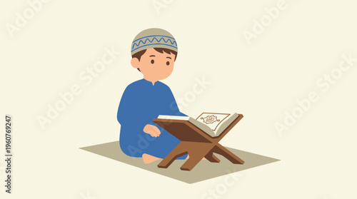 A young Muslim boy in traditional attire sitting on a mat and reading a holy book on a wooden stand, depicting religious education and devotion.