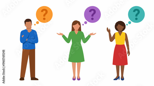 Three diverse people with question marks in thought bubbles above their heads, indicating confusion, wonder, or contemplation.