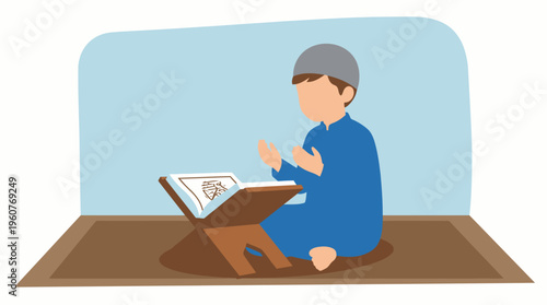 A young Muslim boy sitting on a prayer mat, reading the Quran from a rehal with hands raised in prayer, an illustration of Islamic devotion.