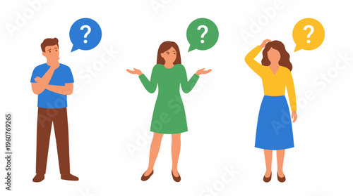 Three diverse people, a man and two women, expressing confusion and uncertainty with question marks above their heads.